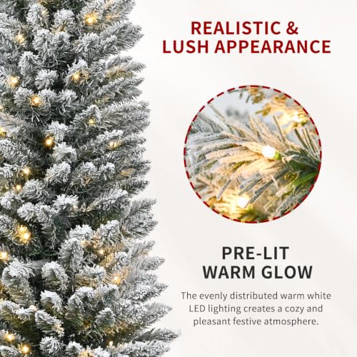 MAKEATREE 5ft Pre-Lit Flocked Pencil Christmas Tree - Slim 19in Width, Warm LED