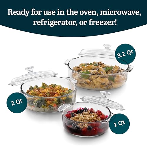 Libbey Baker's Basics Glass Casserole Dish Set with Covers - Basic 3-Piece Round Set