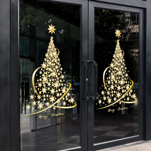 Cityhermit 2 Pack Christmas Window Clings Large Gold Xmas Decor Static Stickers