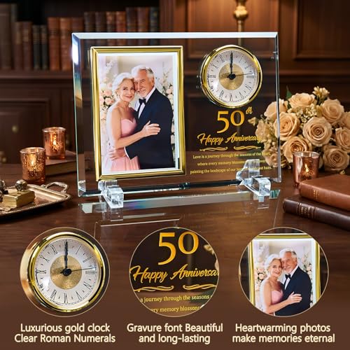 50th Wedding Anniversary Keepsake Crystal Photo Frame with Clock - Golden Gift for Couples, Parents, Grandparents - Holds 4x6 Photo