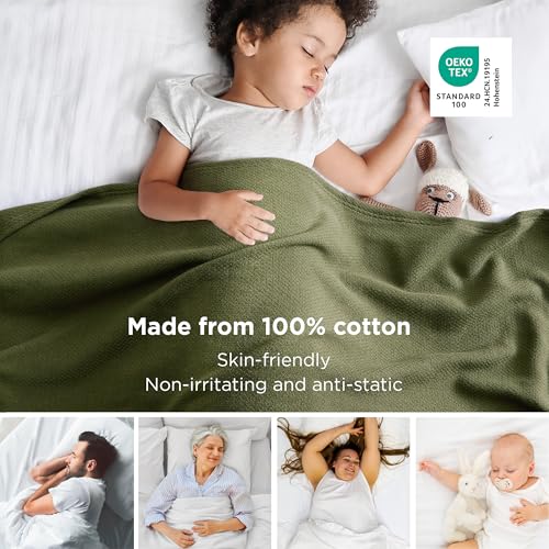 Oversized King Cotton Blanket with Herringbone Weave - Moss Green, Bedsure