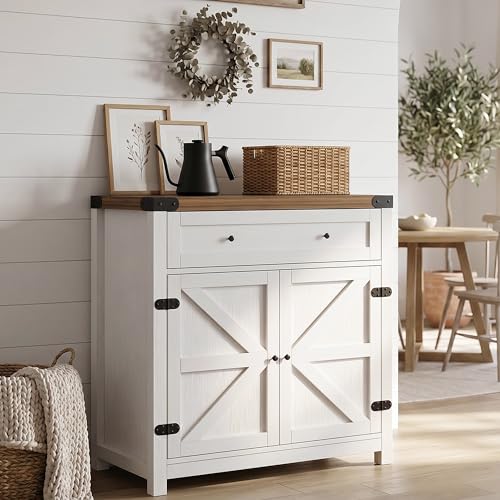 YESHOMY Farmhouse Kitchen Storage Cabinet with Adjustable Dividers - White & Brown, 1 Piece