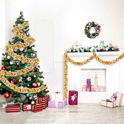 Geosar 26.2 Feet Christmas Tinsel Garland Decoration Metallic Tinsel Twist Garland Halloween Christmas Tree Artificial Hanging Ornament for Birthday Party Decoration(Light Gold, Silver)