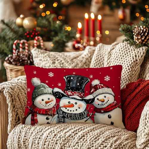 AACORS Christmas Winter Pillow Cover 12X20 Inch,Snowmen Snowflakes Decoration Holiday Farmhouse Pillow Case Decor for Home Sofa Couch (Red) AA760-12
