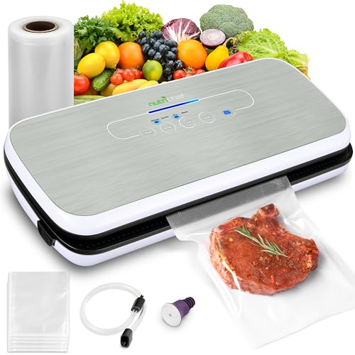 NutriChef Silver Food Vacuum Sealer Machine - 14.1 x 6 x 3 Inch, Automatic Air Sealing for Dry & Moist Foods