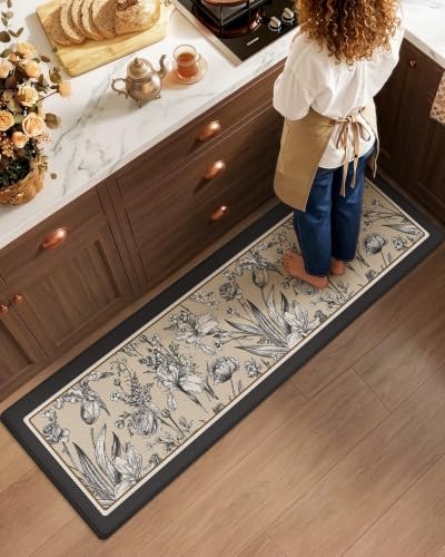 LUMI Anti-Fatigue Kitchen Mat 24x108 Inches - Cream & Dark Brown, Non-Slip, Waterproof, Cushioned Runner Rug
