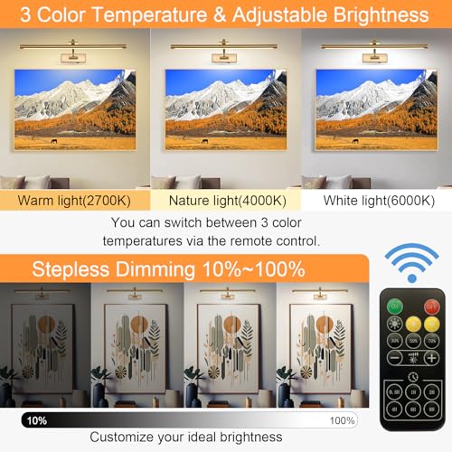 Brass Rechargeable Battery Operated Picture Light with Remote - 23.6 Inch Dimmable Art Wall Sconce