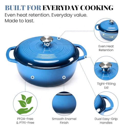 DUMOS 6 Quart Enamel Cast Iron Dutch Oven - Gradient Blue, Lid Included