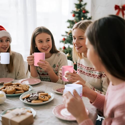 Pink Christmas Mug Set of 6, 10 oz Ceramic Holiday Coffee Cups - Festive Decor