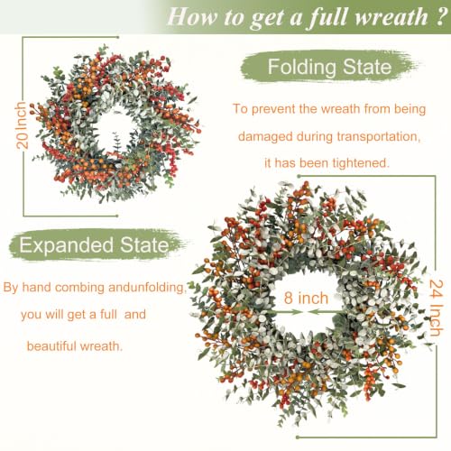 24-Inch Fall Eucalyptus Wreath with Orange Berries - Front Door Decor
