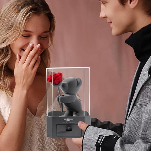 JoyFlower Rose in Hand Teddy Bear with Acrylic Cover & Gift Box - Romantic Preserved Flower Gift for Her