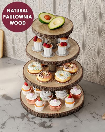 Round 4-Tier Wooden Cupcake Stand - Rustic Cake Display Holder for Events