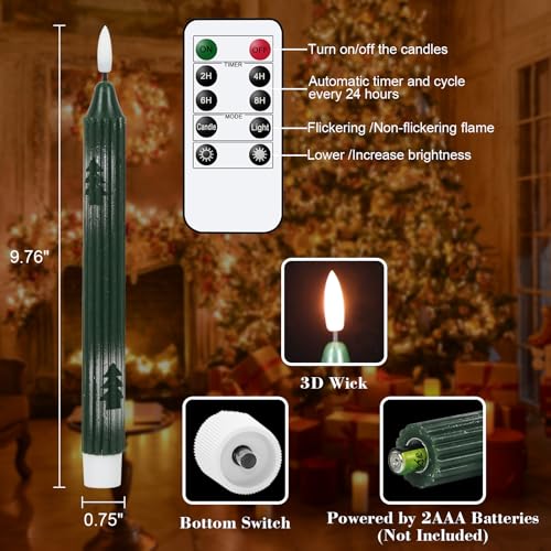 Wondise Green Christmas Flameless Taper Candles with Remote & Timer - Pack of 6