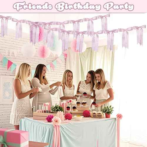 Yuubin 2 Pack Pink Bow Christmas Garland Banner Decor,Sweet Party Hanging Decorations for Women Coquette Birthday Bridal Shower Wedding Engagement Bachelorette Girl Baby Shower Supplies