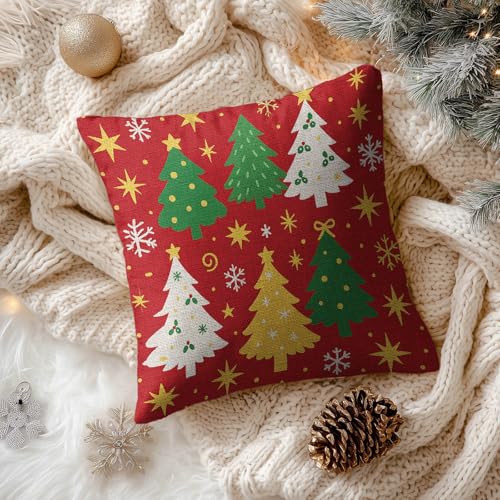 HOMETITUTE Christmas Throw Pillow Covers Set of 2 - Festive 18x18 inches, Tree & Star Pattern, Holiday Home Decor #008