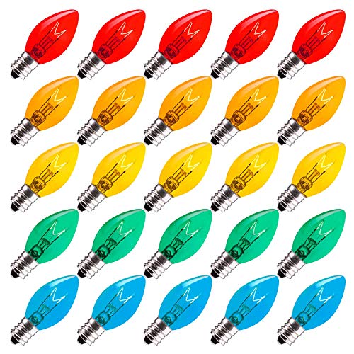 Minetom 25-Pack C7 Multicolor Christmas Replacement Bulbs, E12 Candelabra, Transparent 5W 120V