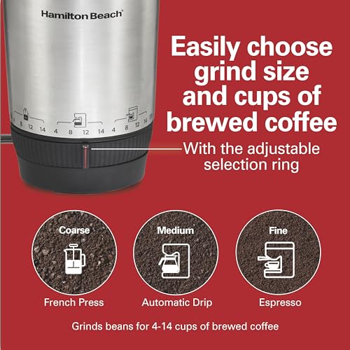 Hamilton Beach Custom Grind Coffee Grinder 4-14 Cups - Adjustable, Hands-Free & Removable Bowl