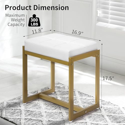 Vanity Stool with Gold Metal Legs - Faux Leather Makeup Bench for Bedroom & Living Room - White & Gold - Compact & Stylish