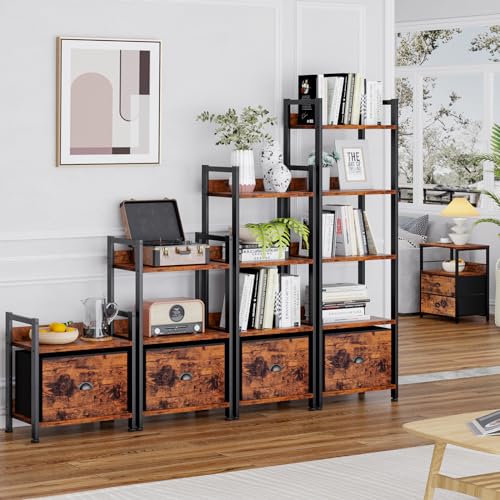 Furologee 5 Tier Bookshelf with Drawer, Tall Narrow Bookcase, Rustic