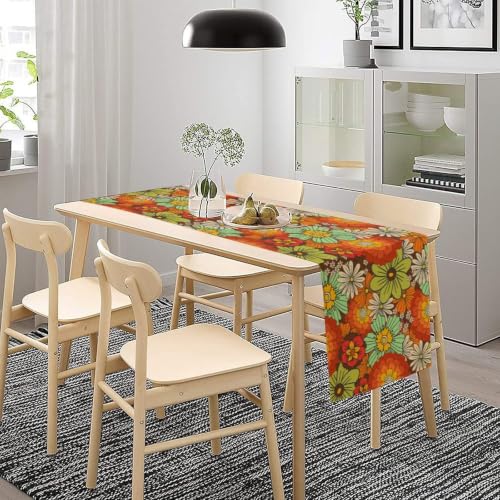 SHElifestyle W13" x L36" Orange-13 Retro Floral Table Runner – Vintage Boho Linen Look