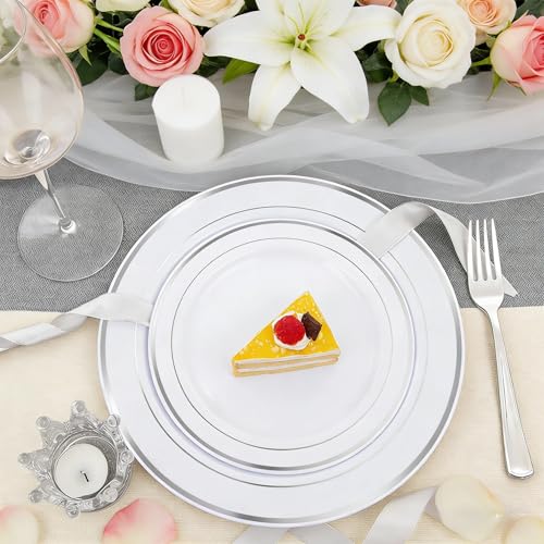 60PCS Silver Plastic Dinner and Dessert Plates Set - Disposable Heavy Duty Partyware Variation of 60 Silver