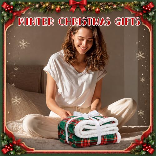 Fanfanwin Christmas Sherpa Throw Blanket, Tartan Plaid in Red & Green - 50x60