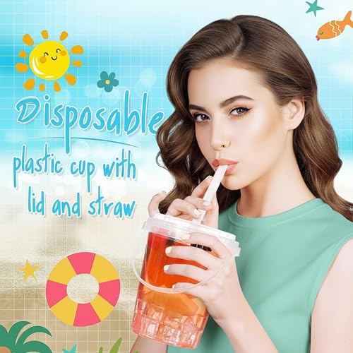 24 oz Clear Plastic Drink Buckets Set of 50 with Lids Straws Handles - PARTY & Catering Supplies