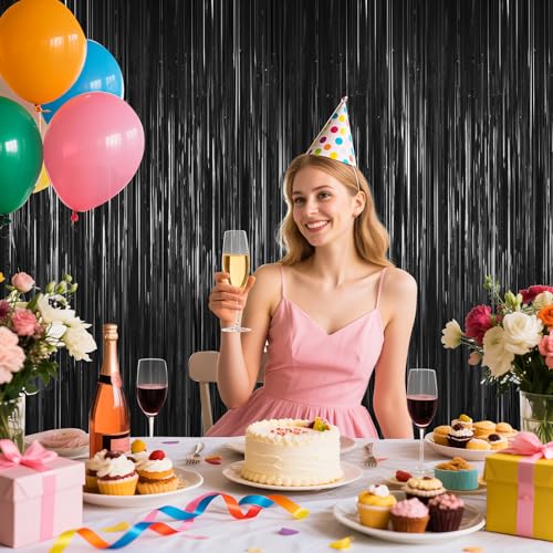 Black Foil Curtain Backdrop,2Pack Black Metallic Tinsel Foil Fringe Curtains Photo Booth Props for Birthday Wedding Engagement Baby Shower Bachelorette Christmas Halloween Disco Party Door Decorations