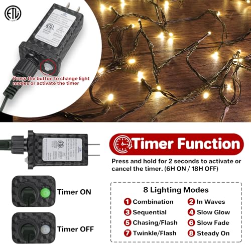 MGYIF 66ft 200 LED Warm White Outdoor Christmas String Lights with 8 Modes & Timer