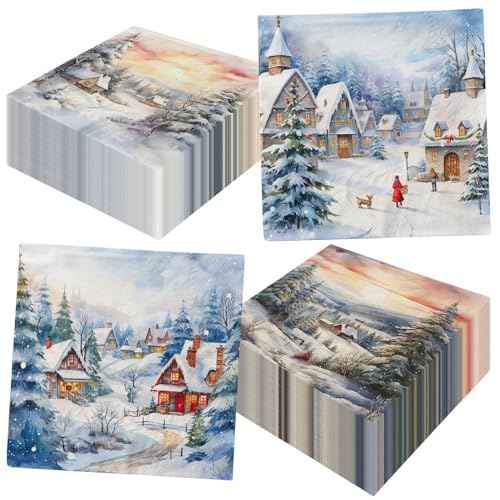 Winter Wonderland Decorations-40pcs Winter Wonderland Napkins Christmas Snow House Paper Napkins, Winter Landscape Villa Snow House Scene Paper Napkins for Xmas Holiday Party Supplies