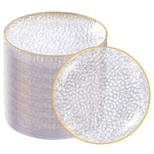 Rubtlamp 100 Pack Clear Gold Plastic Dessert Plates 6 Inch - Hammered Elegant Appetizer & Cake Plates for Weddings & Parties