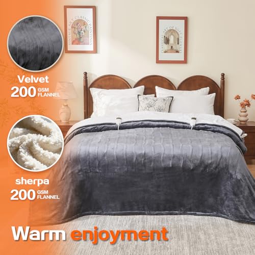 Charcoal Queen Size Electric Heated Blanket 84x90 Inches with 10 Heat Levels