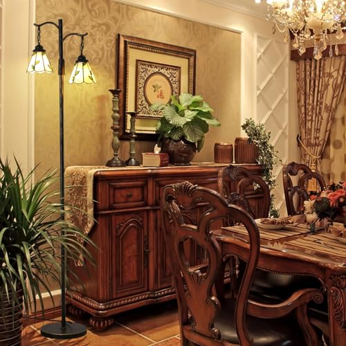Vintage Dimmable Floor Lamp with 2 Tiffany Shades - 65 inch Bronze Standing Light