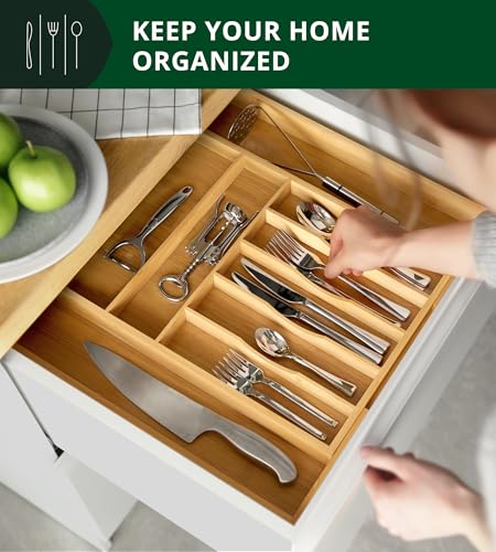 Royal Craft Wood Natural Bamboo 9 Slot Flatware Organizer for Kitchen Drawer - Expandable Silverware Tray