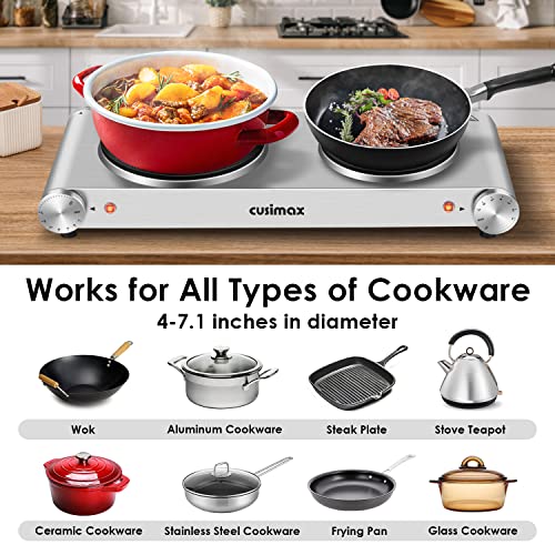 CUSIMAX Double Silver Hot Plate - 1800W Portable Electric Double Burner