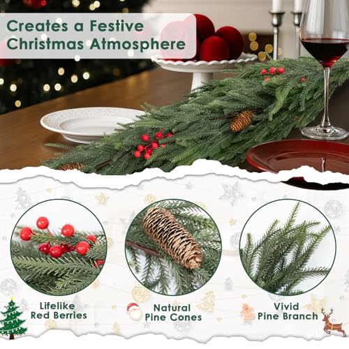 Bribay 6FT Norfolk Pine Artificial Christmas Garland Winter Decor - Layered with Berries