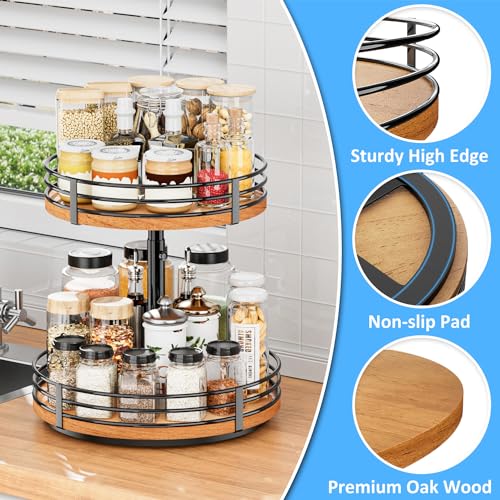 Adjustable 12 Inch 2 Tier Wooden Lazy Susan Turntable Organizer for Kitchen & Home Storage
