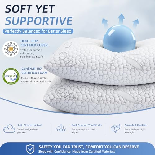 White Bamboo Cooling Shredded Memory Foam Queen Bed Pillows Set of 2 - Adjustable Support