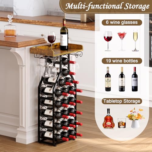 X-cosrack Freestanding Wine Rack for 19 Bottles with Glass Holder, Home Bar & Kitchen Storage