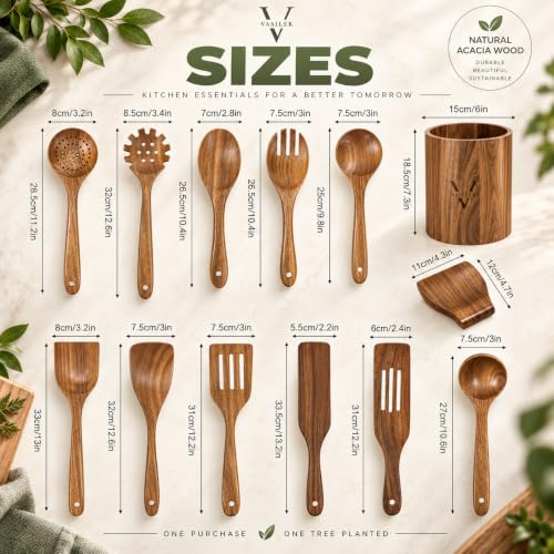 XXL Wooden Utensil Set 13-Piece with Round Holder & Spoon Rest - Acacia Kitchen Tools