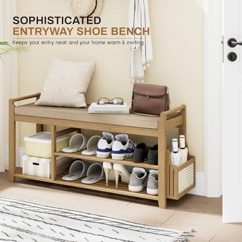 Homaxy 2-Tier Shoe Rack Bench 39.4 in Walnut & Light Brown Entryway Organizer
