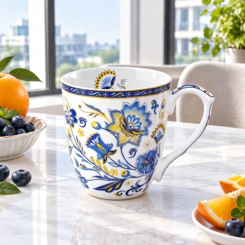 LanHong Blue Floral 14oz Bone China Coffee Mug with Handle - Daily Tea & Coffee Cup
