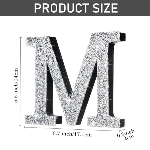 Qunclay Crystal Diamond Bling Letters Crushed Diamond Decorations Wooden Glitter Letters with Screw and Hooks Rhinestone Gifts for Christmas Wedding Bedroom Wall Decor(5.7"l X 5.7"w,Letter M,Silver)