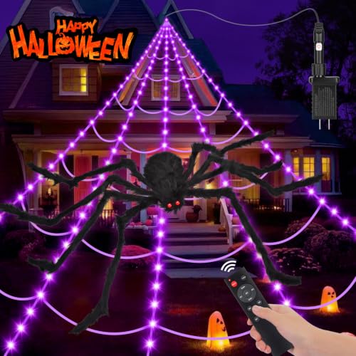 OCATO 200in Halloween Spider Web Lights with 59in Fake Spider, Purple Outdoor Decor