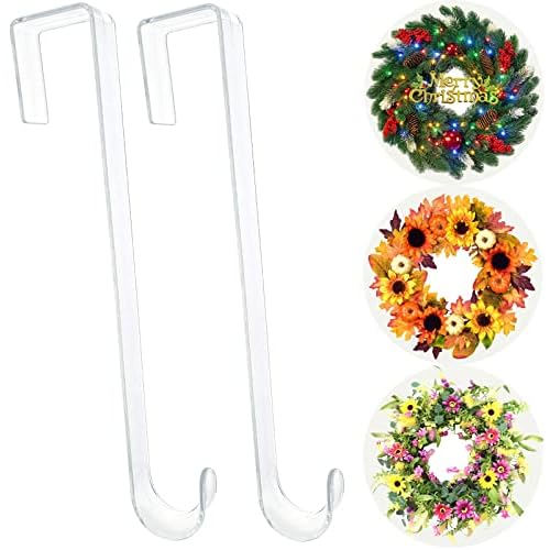 Wreath Hanger,12¡± Clear Wreath Hooks for Front Door,2 Pack Over the Door Easter Christmas Decoration Hangers Fall Halloween Wreaths holder,Non Scratch Wreath Hangers for Front Door D?cor Welcome Sign