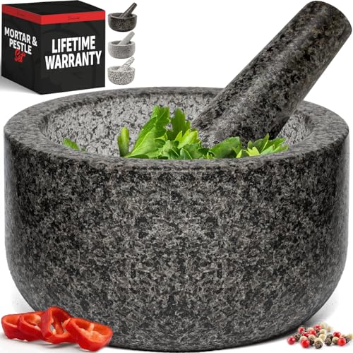 Priority Chef Black 4-Cup Granite Mortar and Pestle Set - Large 7 Inch Bowl