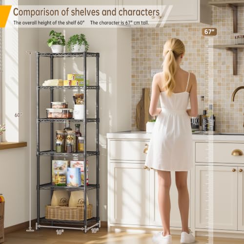 Adjustable 6-Tier Metal Wire Shelving Unit - Black, 10"D x 16"W x 63"H