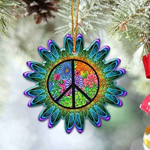 Hippie Peace Sign Love Christmas Ornament Tree Decorations 2D Flat (NOT 3D Ornament), Bulk Wooden Hippie Car Hanging Accessories, 60s 70s Theme Hippie Room Decor, Gifts for Hippie Souls