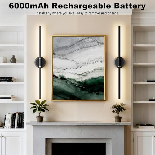 25 Inch Rechargeable LED Wall Sconces Set of 2 - Dimmable Modern Wall Lights with Remote Control