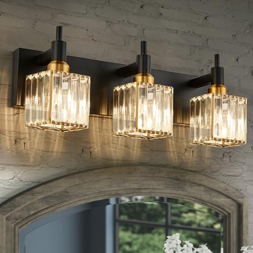 Black Gold Square Shade 3-Light Crystal Vanity Light Fixture for Bathroom – Modern Brass Wall Sconce